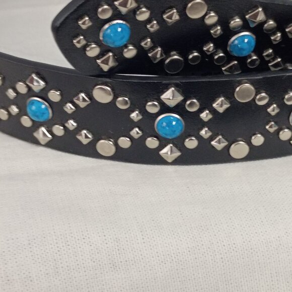 ❤️REBECCA MINKOFF Genuine Turquoise & Silver Studded Black Leather Belt Sm 31-36 main image 4
